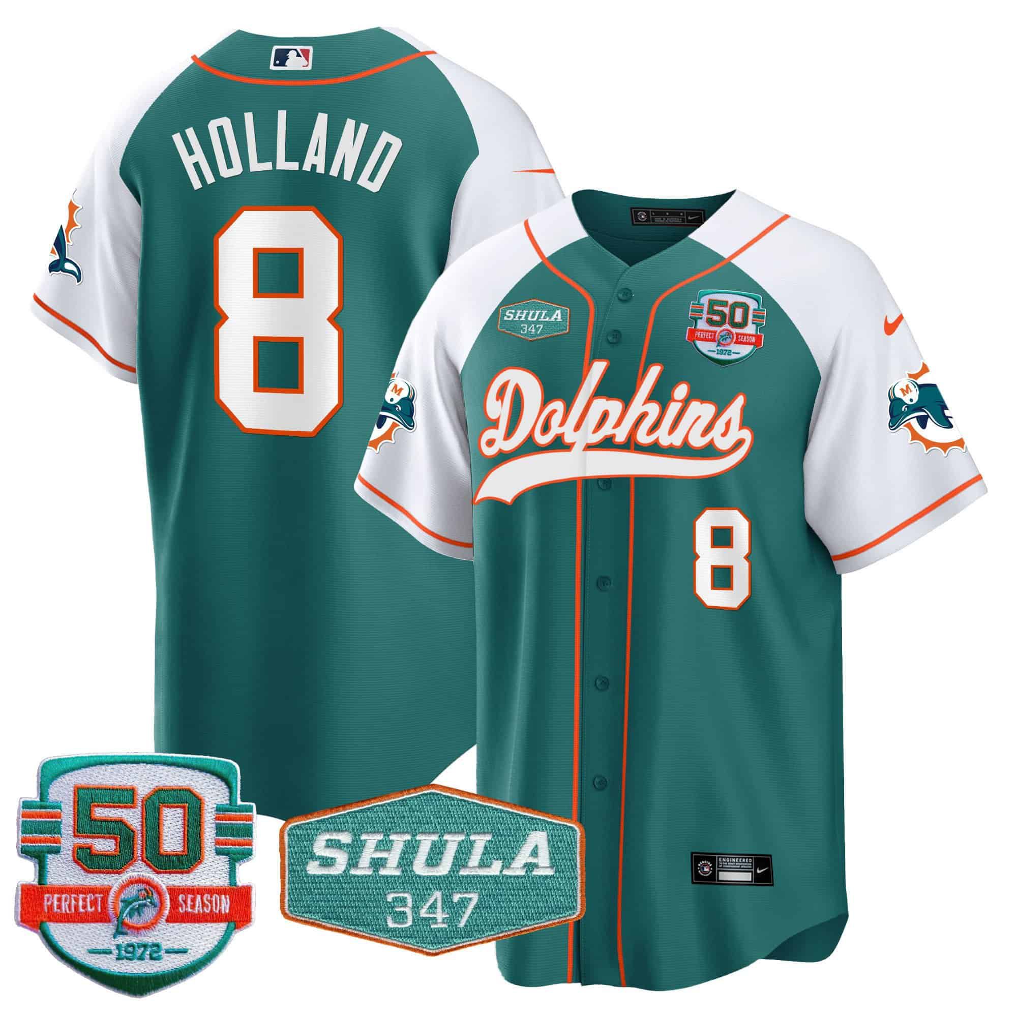 Men Miami Dolphins 8 Holland Green 2024 Nike 50th Don Shula Memorial Patch Baseball NFL Jersey